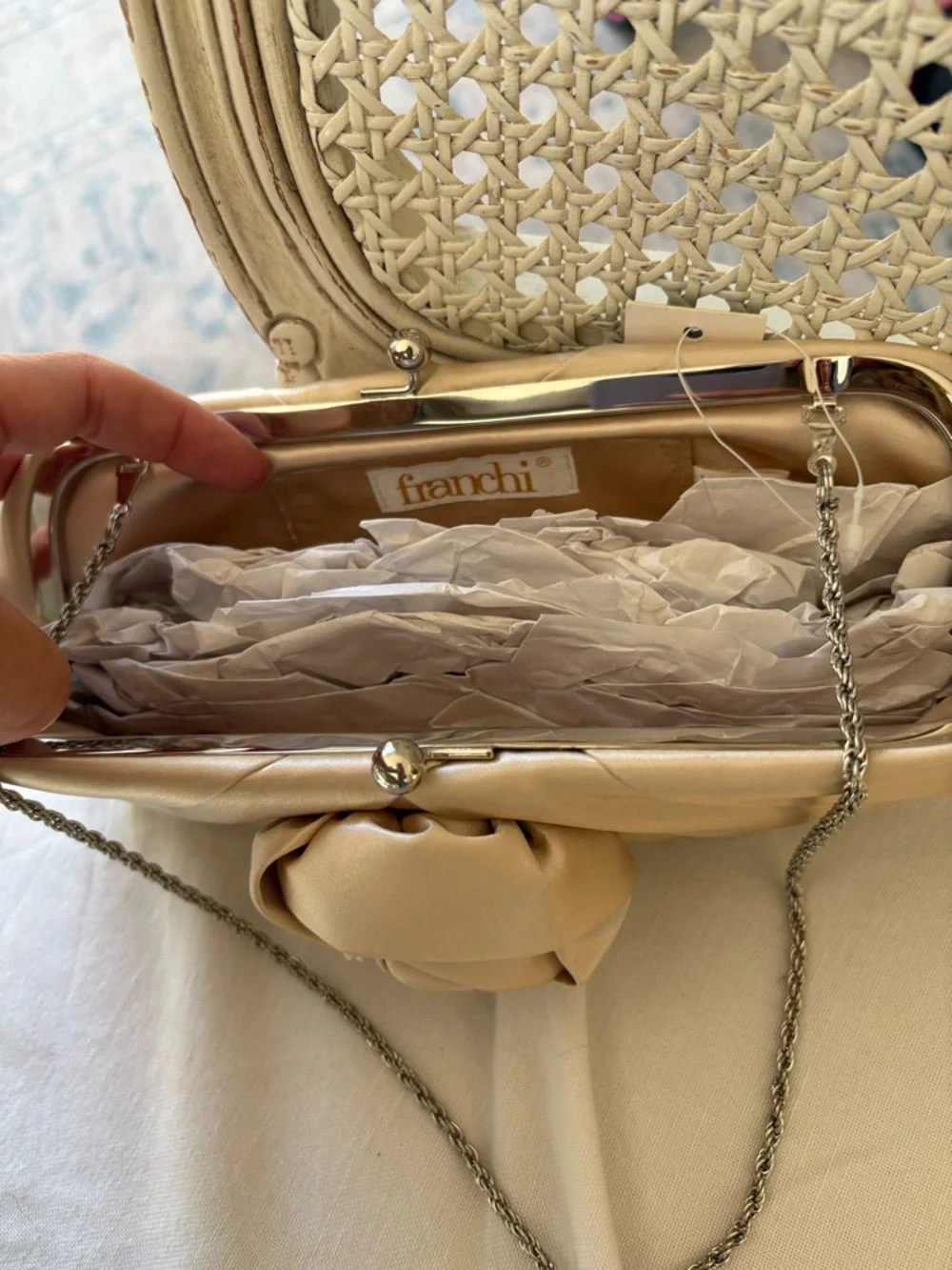 Satin Rose Accent Clutch in Beige with Chain Strap